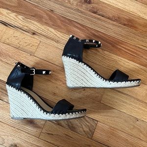 Marc Fisher Black Leather Studded Espadrille Wedge